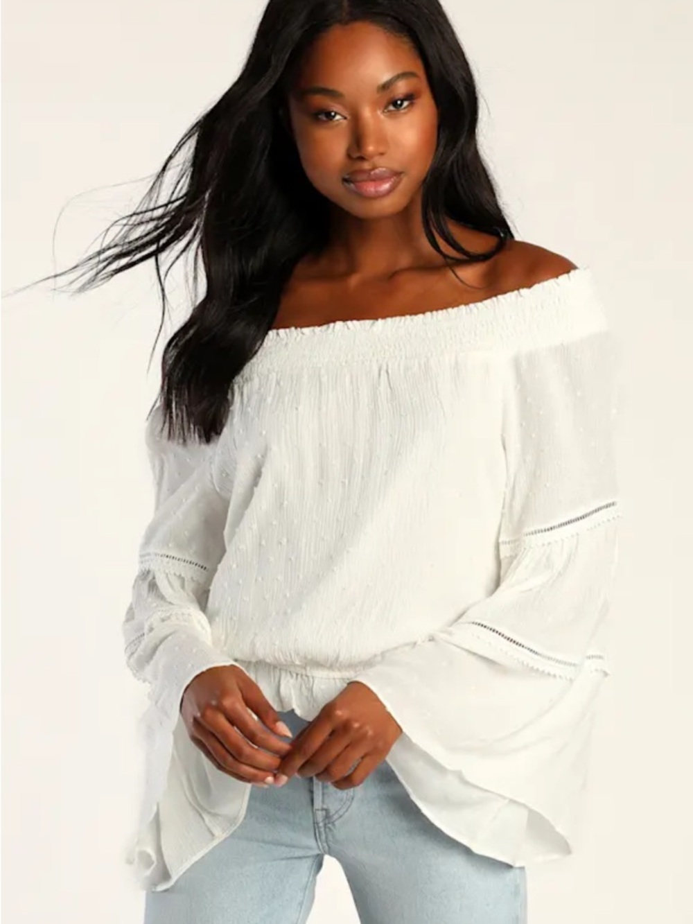 Lulus Sunny Story Lace Bell Sleeve Off-the-Shoulder Top